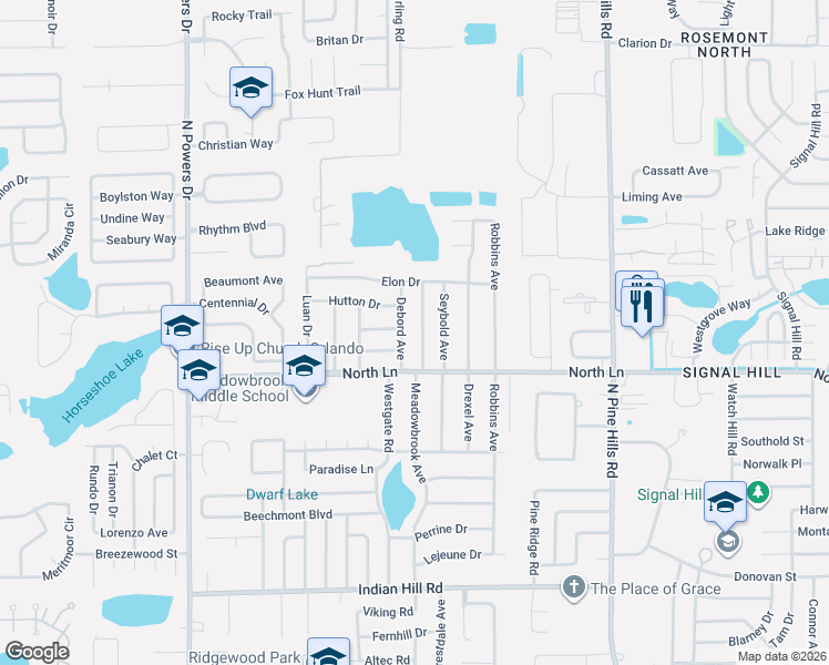 map of restaurants, bars, coffee shops, grocery stores, and more near 4500 Meadowbrook Avenue in Orlando