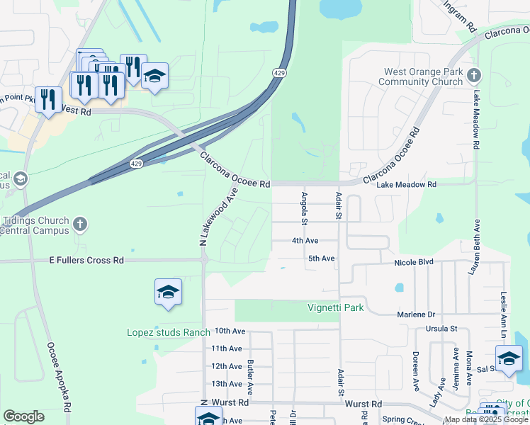 map of restaurants, bars, coffee shops, grocery stores, and more near 10663 3rd Avenue in Ocoee