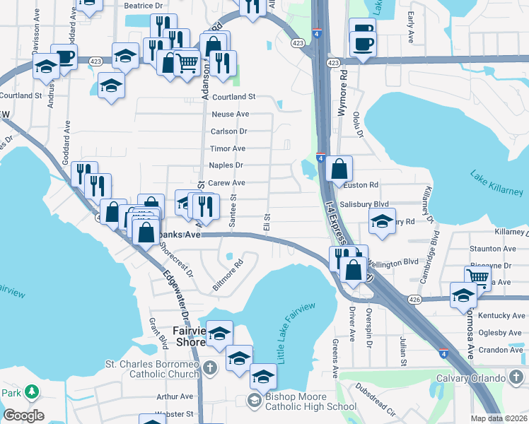 map of restaurants, bars, coffee shops, grocery stores, and more near 4502 Eli Street in Orlando