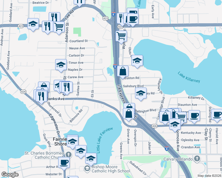 map of restaurants, bars, coffee shops, grocery stores, and more near 2825 Roxbury Road in Winter Park