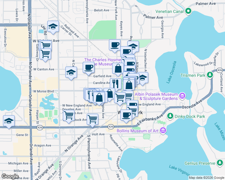 map of restaurants, bars, coffee shops, grocery stores, and more near in Winter Park