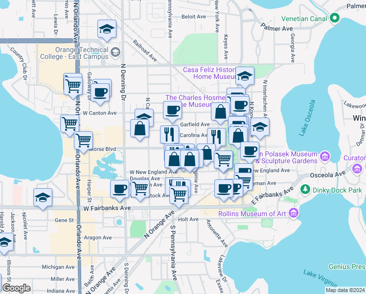 map of restaurants, bars, coffee shops, grocery stores, and more near 440 West Morse Boulevard in Winter Park
