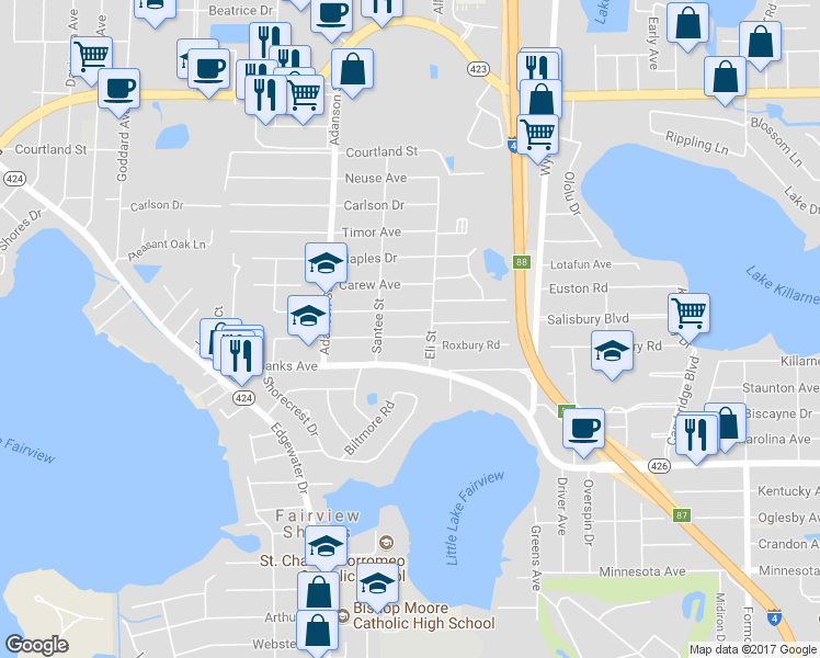 map of restaurants, bars, coffee shops, grocery stores, and more near 4502 Eli Street in Orlando