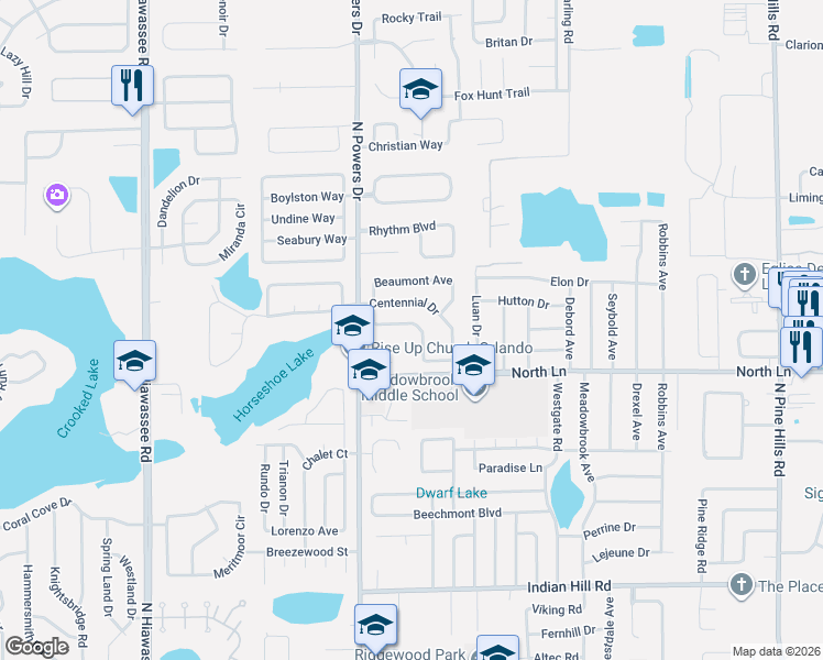 map of restaurants, bars, coffee shops, grocery stores, and more near 4425 North Powers Drive in Orlando