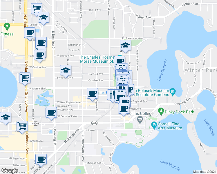 map of restaurants, bars, coffee shops, grocery stores, and more near 307 West Morse Boulevard in Winter Park