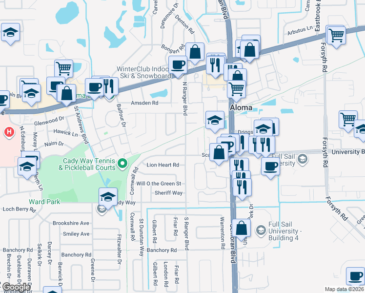 map of restaurants, bars, coffee shops, grocery stores, and more near 2843 Scarlet Road in Winter Park