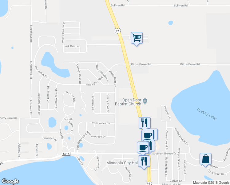 map of restaurants, bars, coffee shops, grocery stores, and more near 1299 Chateau Circle in Minneola