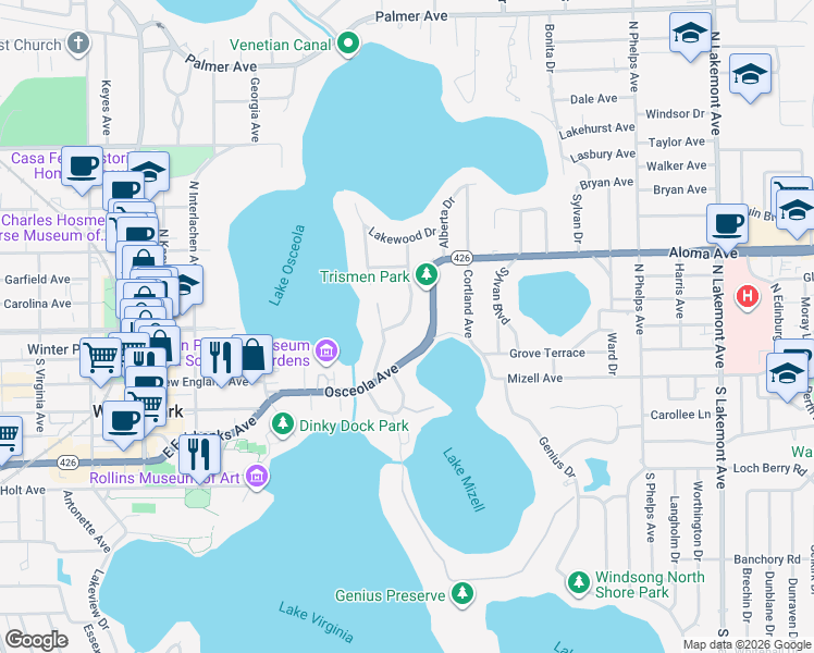 map of restaurants, bars, coffee shops, grocery stores, and more near 160 Trismen Terrace in Winter Park