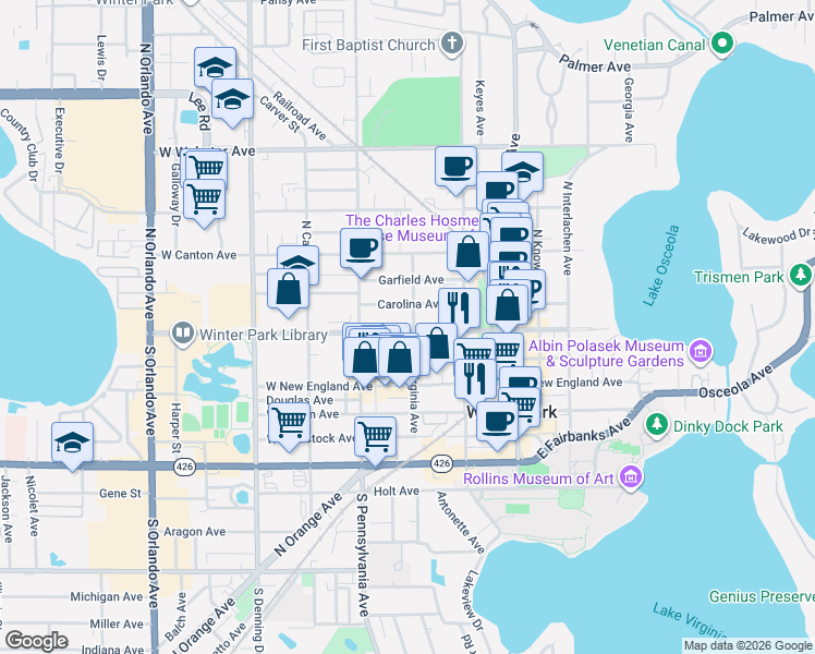 map of restaurants, bars, coffee shops, grocery stores, and more near 440 West Morse Boulevard in Winter Park
