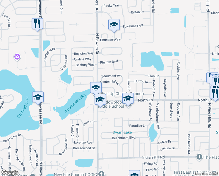 map of restaurants, bars, coffee shops, grocery stores, and more near 4425 North Powers Drive in Orlando