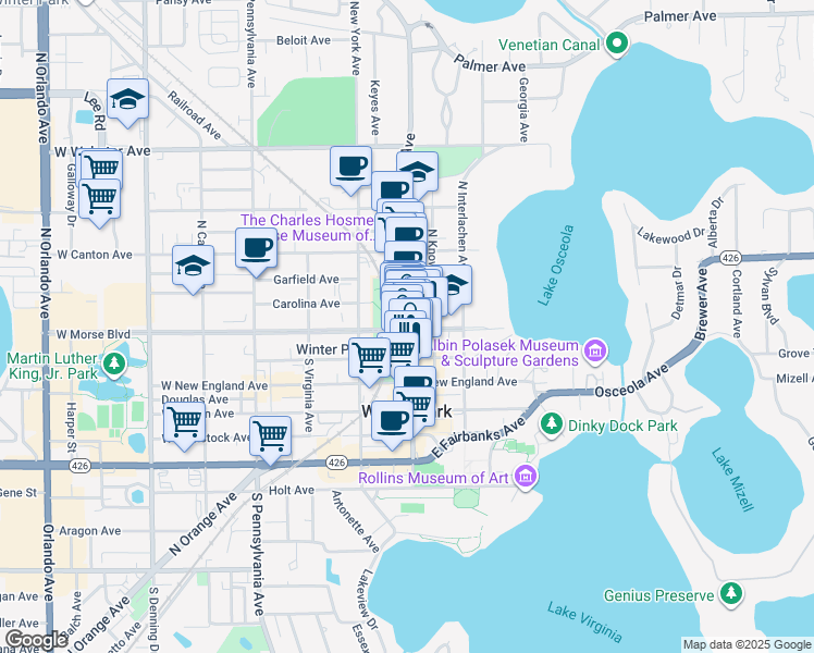map of restaurants, bars, coffee shops, grocery stores, and more near 110 South Park Avenue in Winter Park