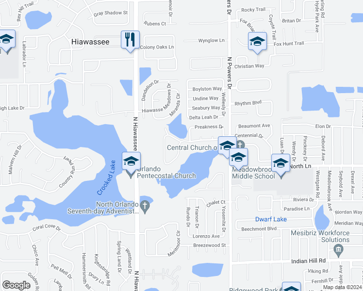 map of restaurants, bars, coffee shops, grocery stores, and more near 6518 Whirlaway Circle in Orlando