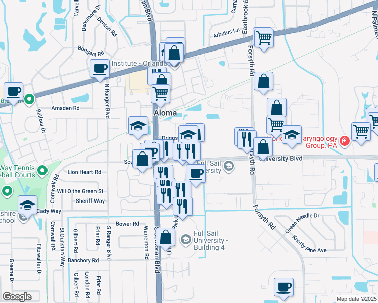map of restaurants, bars, coffee shops, grocery stores, and more near in Winter Park