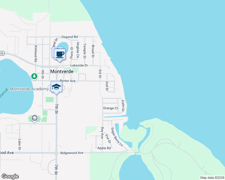 map of restaurants, bars, coffee shops, grocery stores, and more near 17512 Palm Drive in Montverde