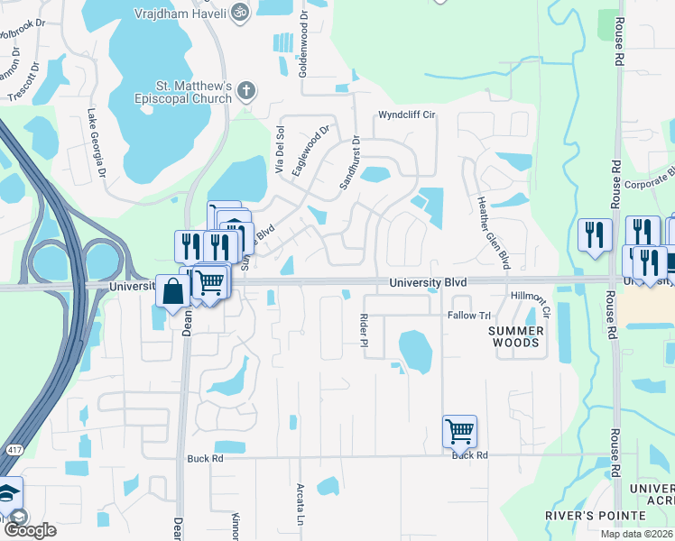 map of restaurants, bars, coffee shops, grocery stores, and more near 10418 Sun Villa Boulevard in Orlando