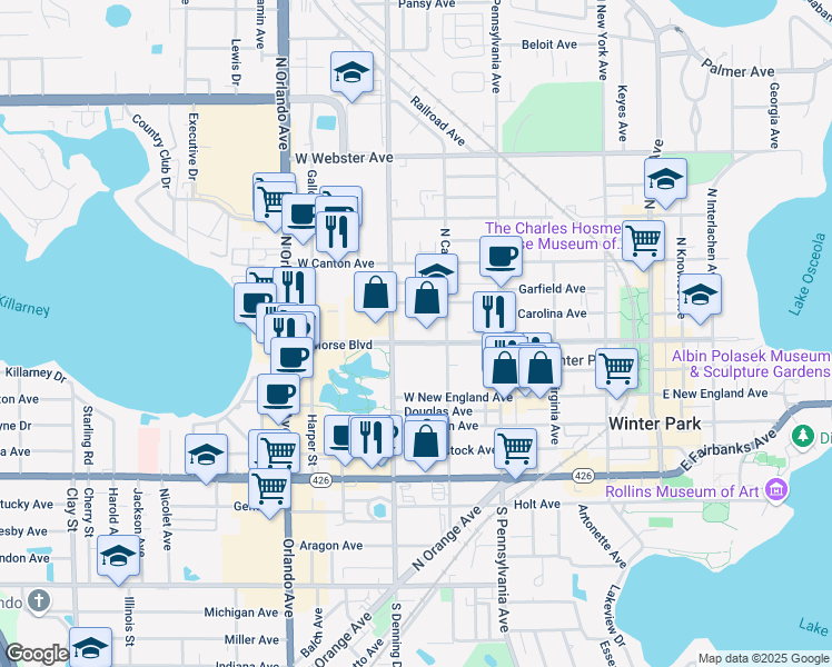 map of restaurants, bars, coffee shops, grocery stores, and more near 850 West Morse Boulevard in Winter Park