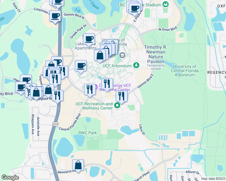 map of restaurants, bars, coffee shops, grocery stores, and more near 4000 Central Florida Blvd in Orlando