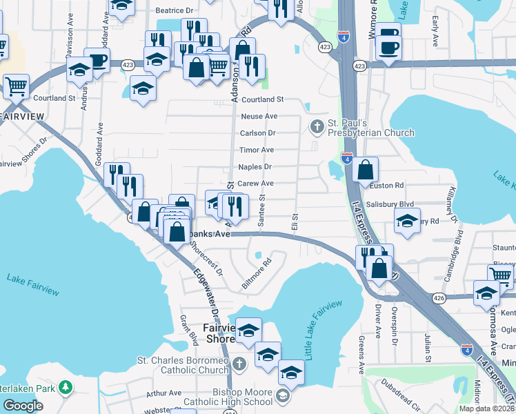 map of restaurants, bars, coffee shops, grocery stores, and more near 4417 Santee Street in Orlando