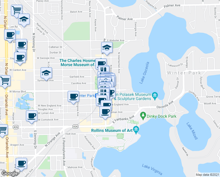 map of restaurants, bars, coffee shops, grocery stores, and more near 210 East Morse Boulevard in Winter Park