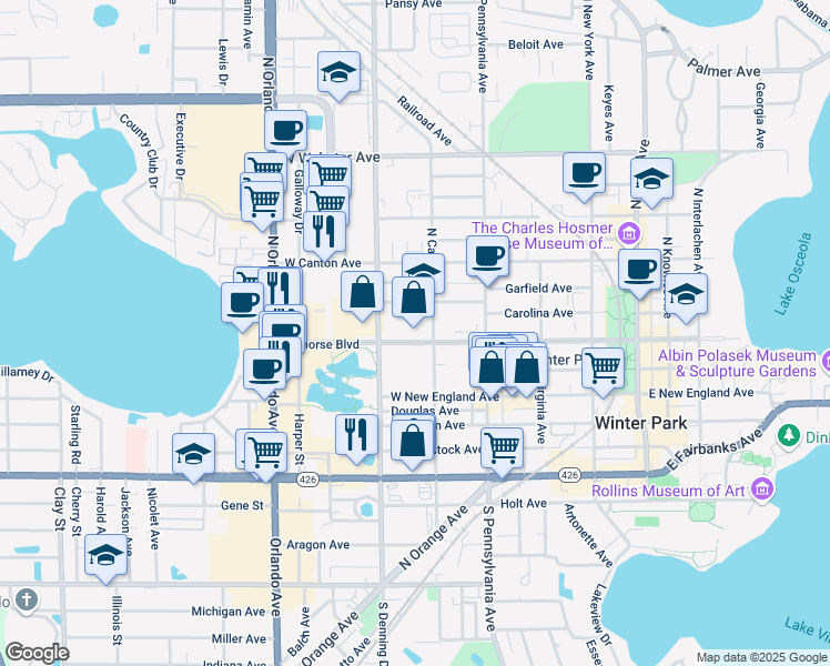 map of restaurants, bars, coffee shops, grocery stores, and more near 850 West Morse Boulevard in Winter Park