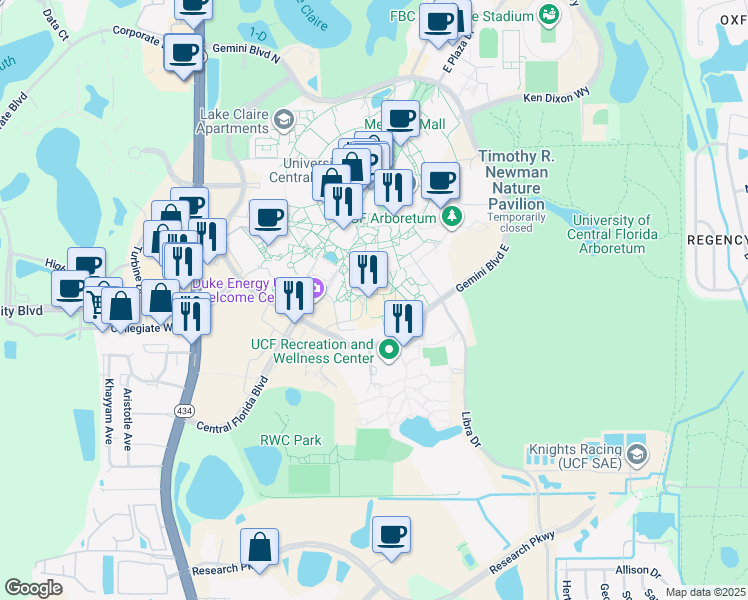 map of restaurants, bars, coffee shops, grocery stores, and more near 4115 Pyxis Lane in Orlando