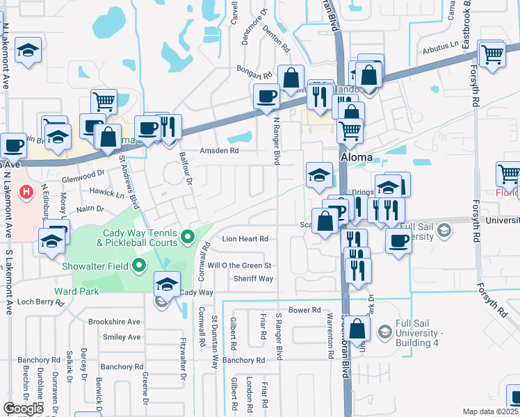 map of restaurants, bars, coffee shops, grocery stores, and more near 2837 Kings Deer Road in Winter Park