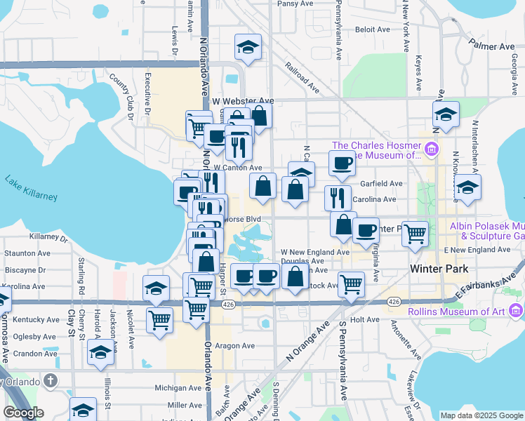 map of restaurants, bars, coffee shops, grocery stores, and more near 941 West Morse Boulevard in Winter Park