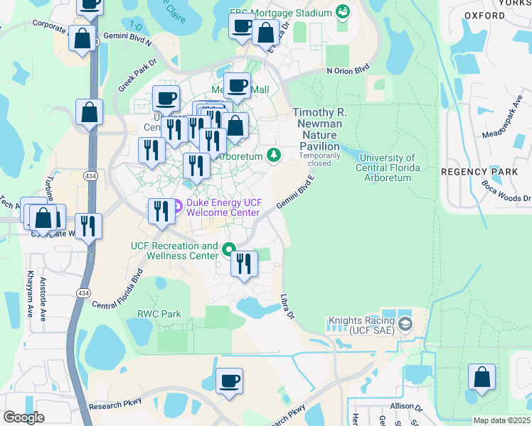 map of restaurants, bars, coffee shops, grocery stores, and more near Libra Drive in Orlando