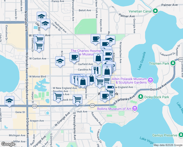map of restaurants, bars, coffee shops, grocery stores, and more near 334 West Morse Boulevard in Winter Park