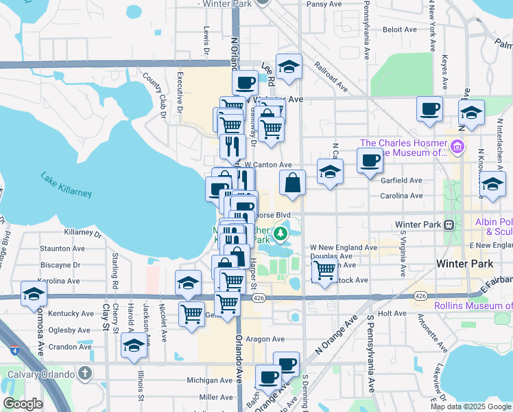 map of restaurants, bars, coffee shops, grocery stores, and more near 110 South Orlando Avenue in Winter Park