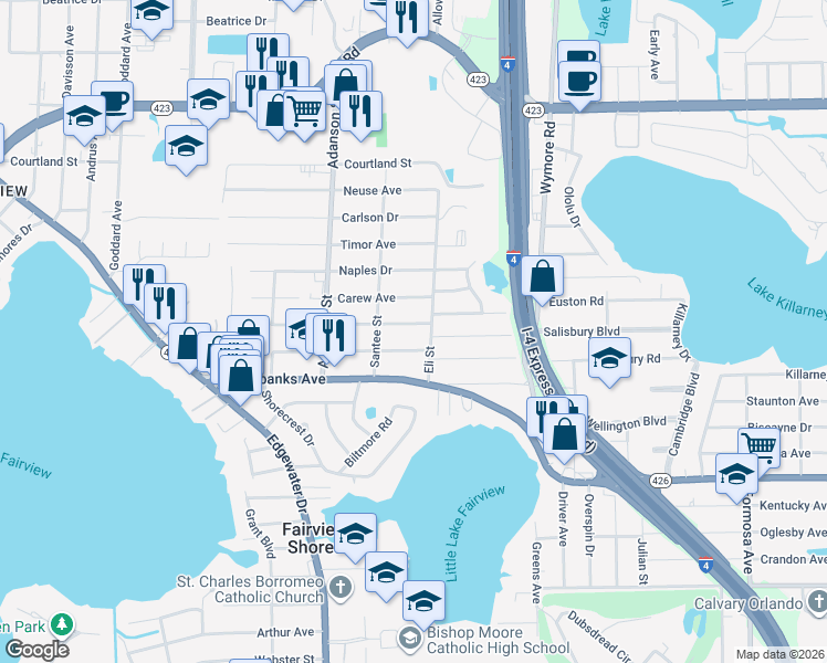 map of restaurants, bars, coffee shops, grocery stores, and more near 4502 Eli Street in Orlando