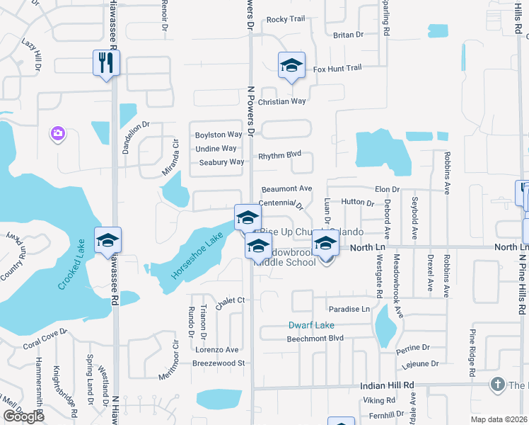 map of restaurants, bars, coffee shops, grocery stores, and more near 4425 North Powers Drive in Orlando