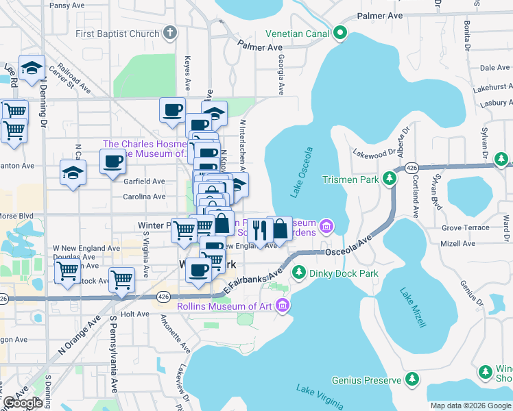 map of restaurants, bars, coffee shops, grocery stores, and more near 100 South Interlachen Avenue in Winter Park