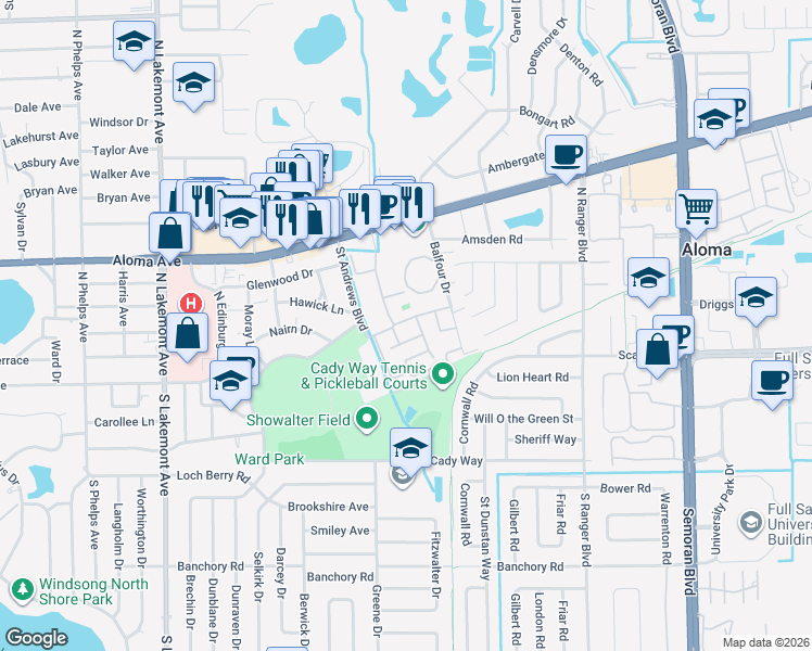 map of restaurants, bars, coffee shops, grocery stores, and more near 200 Saint Andrews Boulevard in Winter Park