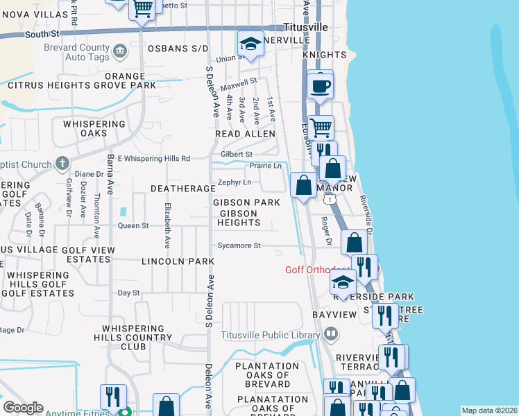 map of restaurants, bars, coffee shops, grocery stores, and more near 835 Kenilworth Court in Titusville