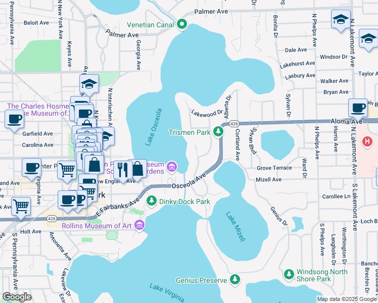 map of restaurants, bars, coffee shops, grocery stores, and more near 151 Trismen Terrace in Winter Park