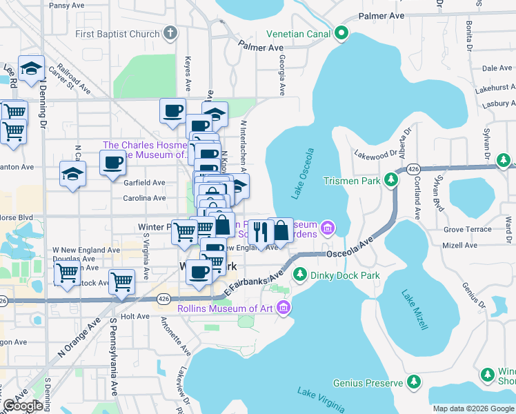 map of restaurants, bars, coffee shops, grocery stores, and more near 100 South Interlachen Avenue in Winter Park
