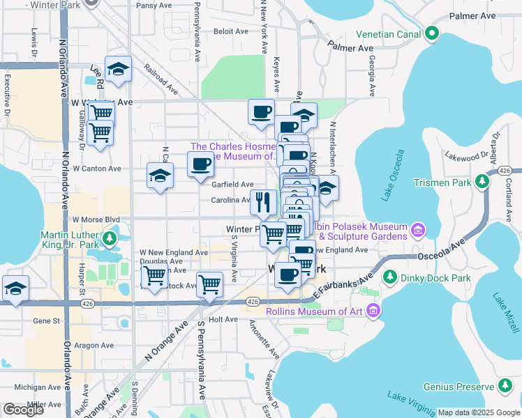 map of restaurants, bars, coffee shops, grocery stores, and more near in Winter Park