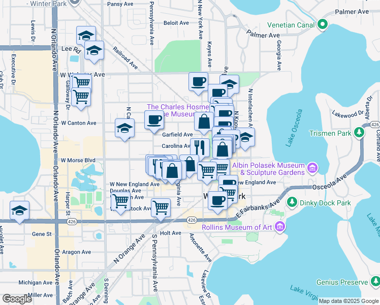 map of restaurants, bars, coffee shops, grocery stores, and more near 334 West Morse Boulevard in Winter Park
