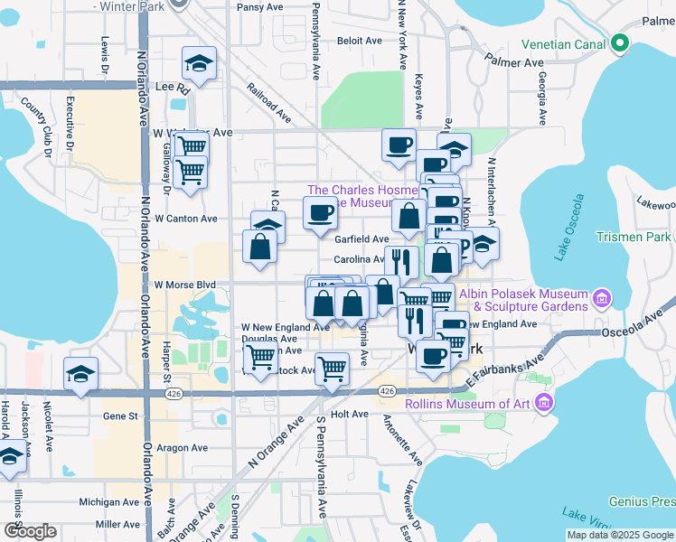 map of restaurants, bars, coffee shops, grocery stores, and more near 440 West Morse Boulevard in Winter Park