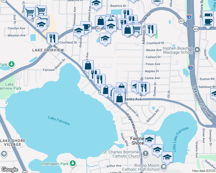 map of restaurants, bars, coffee shops, grocery stores, and more near 1431 Lantry Court in Orlando