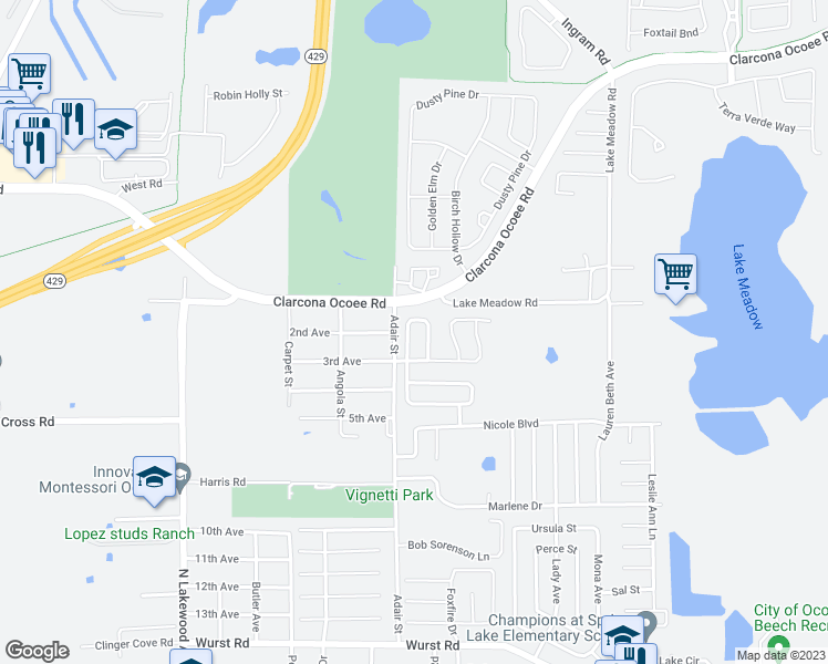 map of restaurants, bars, coffee shops, grocery stores, and more near 1997 Hedgerow Circle in Ocoee