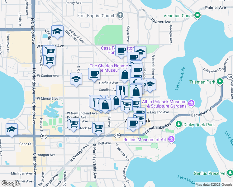 map of restaurants, bars, coffee shops, grocery stores, and more near 334 West Morse Boulevard in Winter Park