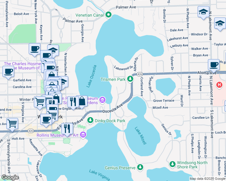 map of restaurants, bars, coffee shops, grocery stores, and more near 151 Trismen Terrace in Winter Park
