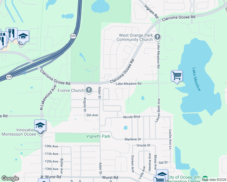 map of restaurants, bars, coffee shops, grocery stores, and more near 2038 Key Lime Street in Ocoee