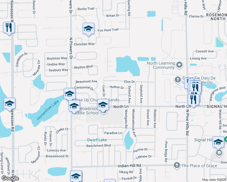 map of restaurants, bars, coffee shops, grocery stores, and more near 5843 Hutton Drive in Orlando