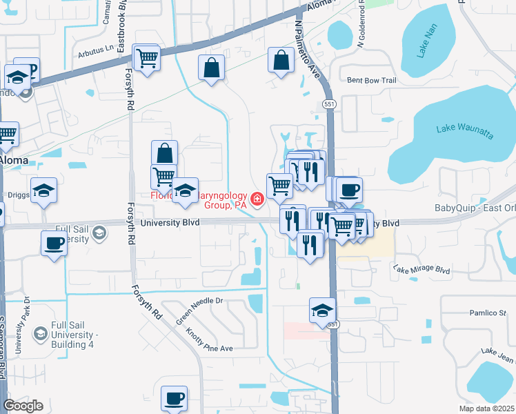 map of restaurants, bars, coffee shops, grocery stores, and more near 4090-4100 Metric Dr in Winter Park