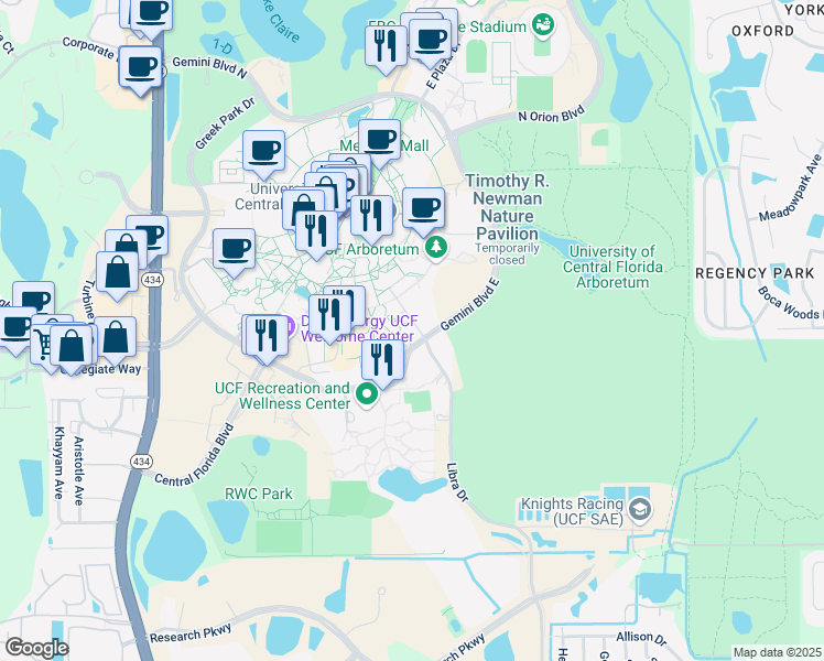 map of restaurants, bars, coffee shops, grocery stores, and more near 4016 Libra Drive in Orlando