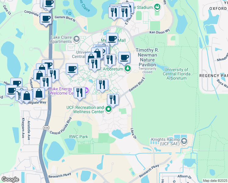 map of restaurants, bars, coffee shops, grocery stores, and more near 4016 Libra Drive in Orlando