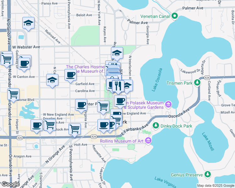 map of restaurants, bars, coffee shops, grocery stores, and more near 214 North Park Avenue in Winter Park